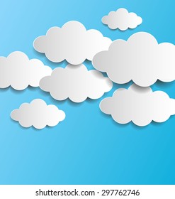 Floating white paper clouds on blue background, Vector illustration.