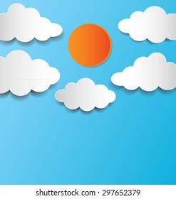 Floating white paper clouds and sun on blue background, Vector illustration.