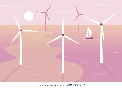 Floating wind turbines flat color vector illustration. Providing renewable energy. Eco-friendly solution. Shallow-water location 2D cartoon landscape with spinning turbines and sunset on background