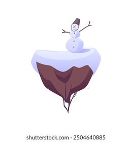 Floating winter island with a cheerful snowman on top. Isolated on a white background vector illustration featuring a snow-covered rocky platform with a snowman wearing a bucket hat and stick arms.