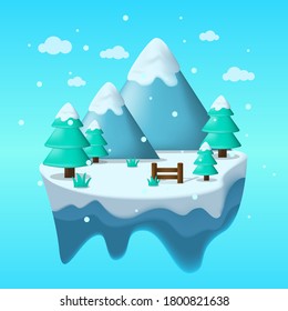 Floating winter island in flat illustration with mountain, sea, and ice panorama. winter illustration. winter vector background fit for cover, illustration, banner, poster ect.