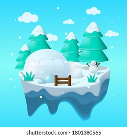 Floating winter island in flat illustration with ice home, snow man and ice panorama. Ice island illustration. winter vector background fit for cover, illustration, banner, poster ect.