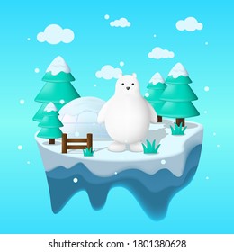 Isla de invierno flotante en ilustración plana con oso polar y panorama de hielo. Ice, ilustración. fondo vectorial de invierno para la cubierta, ilustración, banner, afiche ect.