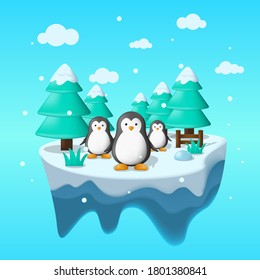 Floating winter island in flat illustration with penguin,  and ice panorama. Ice island illustration. winter vector background fit for cover, illustration, banner, poster ect.