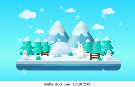 Floating winter island in flat illustration with polar bear, snow man and ice panorama. Ice island illustration. winter vector background fit for cover, illustration, banner, poster ect.