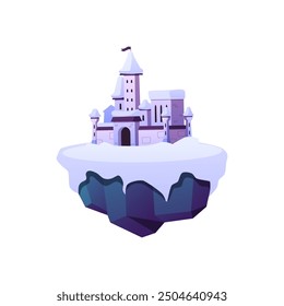 Floating winter land island with medieval castle with towers vector flat illustration. Fairytale mansion, king fortress castle with snowdrifts. Cartoon fantasy game stone palace on rock platform