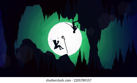 floating witch. witch against swordsman. wizard swordsman. silhouette of a witch. witch with magic wand in cave. wizard in cave walpaper.