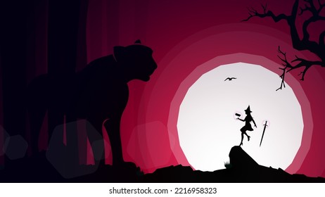 floating witch with magic book in hand. witch walpaper. witch versus tiger monster illustration. fighting female background. Woman Warrior Under Moon Night and Dark Day.