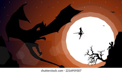 floating witch with magic book in hand. witch walpaper. witch versus dragon illustration. full moon walpaper. fantasy wallpaper with mythological animal.