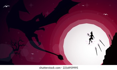 floating witch with magic book in hand. witch walpaper. witch versus dragon illustration. fantasy wallpaper with mythological animal. full moon walpaper.