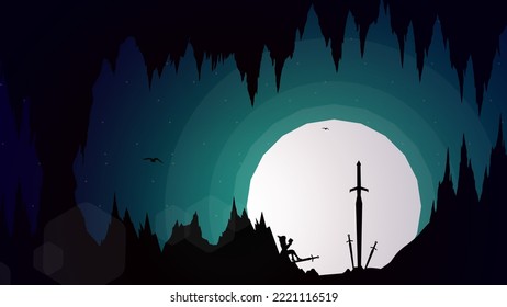 bruja flotante con libro de magia en la mano. luchar con la espada. fondo de pantalla de fantasía. bruja con gran espada. paisaje de cuevas con luna.