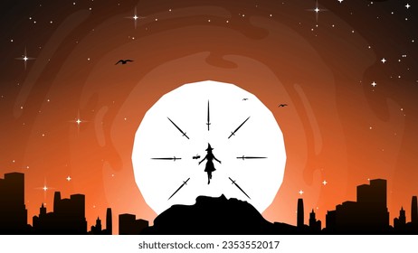 floating witch with sword background. urban landscape with floating witch. city in the night with full moon wallpaper. sunset wallpaper. fantasy background.