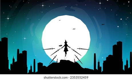 floating witch with sword background. urban landscape with floating witch. city in the night with full moon wallpaper. blue sky wallpaper.