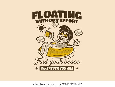 Flotando sin esfuerzo, la ilustración de un niño se relaja en una boya salvavidas con la mano sosteniendo una taza de café, diseño en estilo vintage