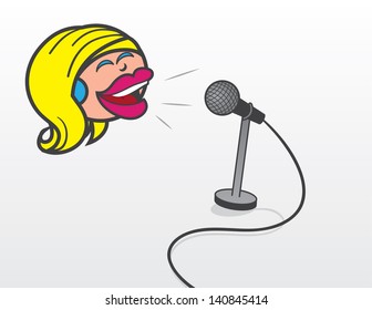 Floating woman's head talking or singing into microphone 