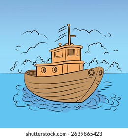Floating wooden fishing boat vector illustration drawing