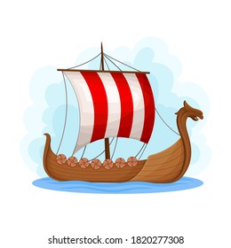 Floating Wooden Viking Ship as Norway Attribute Vector Illustration