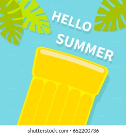 Floating yellow air pool water mattress. Top aerial view. Hello Summer greeting card. Palm tree leaf. Cute cartoon relaxing object. Sea Ocean water with waves Blue background Flat design. Vector
