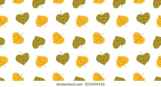 Floating yellow and green autumn leaves create a seamless pattern for postcards and posters. Simple minimalist tree parts are hand drawn and arranged in a chaotic manner