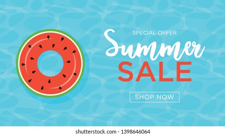 floats summer pool party invitation card sale vector illustration. summer time background design with pool water and swimming ring watermelon . rubber ring floating on water. aqua textured background