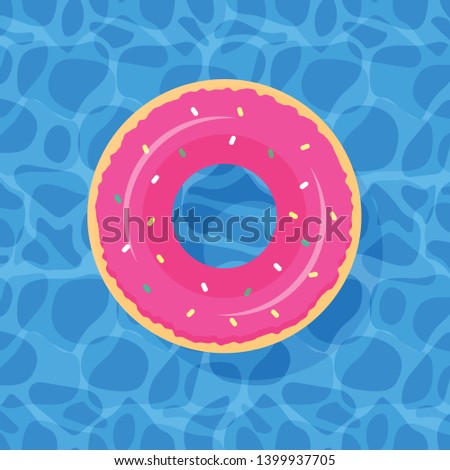 floats summer pool party invitation template vector illustration. summer time background with pool blue water and swimming ring donut. rubber ring floating on water. aqua textured background