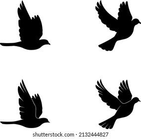 Flock of 4 birds piegon flying in straight line vector illustration silhouette drawing