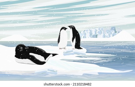 A Flock Of Adelie Penguin Stands On The Ocean In A Snowstorm. Penguins Lies On The Snow. Birds Of The South Pole. Realistic Vector Landscape