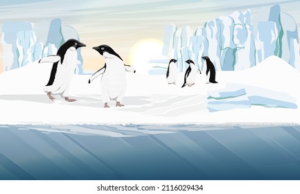 A flock of Adelie Penguin stands on the ocean shore with a glacier in the background. Birds of the South Field. Realistic vector landscape