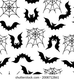 A flock of bats flies around the cobweb. Seamless vector pattern in flat style. Hand drawn doodle. Monochrome, backdrop for Halloween. Black silhouettes of flying bloodsuckers and spider web outline
