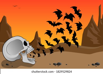 A flock of bats fly out of the open mouth of a human skull. Decor for Halloween. Old style western illustration. Grinning scary, frightening human Skull. On the background of the wild west mountains