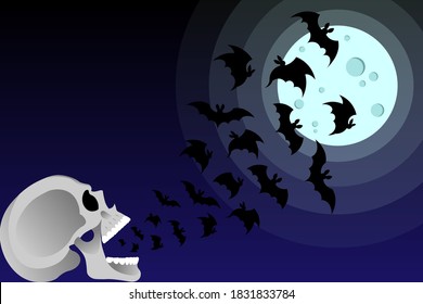 A flock of bats fly out of the open mouth of a human skull. Decor for Halloween. Vector. Grinning scary, frightening human Skull. On the background of the night sky and the moon