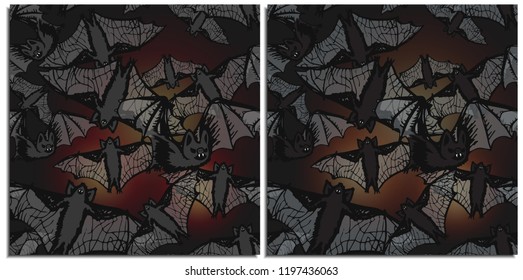 A flock of bats flying in the dark night lit by lights from the celebration of Halloween. These mouse bloodsuckers have terrible fangs, translucent wings and unkind intentions.