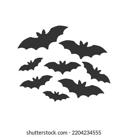 Flock of bats. Halloween symbol. Black flying bats. Horrific flying foxes. Vector illustration isolated on white background