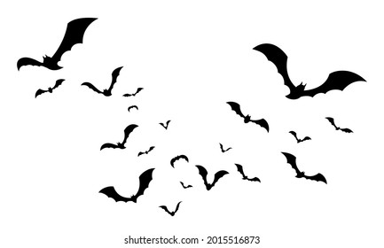 Flock bats isolated. Silhouettes of flying bats on white.