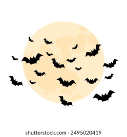 A flock of bats with moon. Decorative element for Halloween. Black and white illustration for backgrounds, cards, posters.