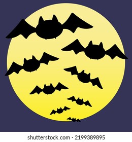 A flock of bats on the background of the moon. Halloween. The silhouette of a cartoon bat.