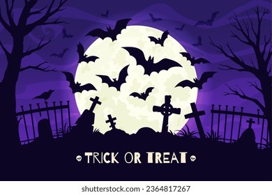 Flock of bats on night Halloween cemetery landscape. Trick or treat holiday vector silhouettes of horror bats cloud, tombstone crosses and creepy trees on purple sky background, moon and dark clouds