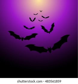 Flock of bats on a purpul background. Illustration for your design for Halloween. Vector EPS10.
