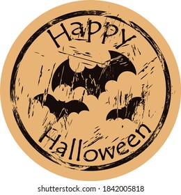 Flock of bats silhouette icon shabby emblem design old retro style vector. Happy Halloween poster vintage grunge sign. Flying bat shape image on craft paper. Symbol of Halloween. All Saints' Eve