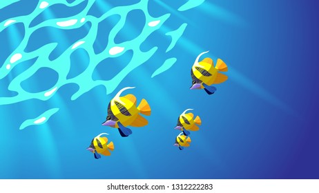 The flock of beauty tropical fish in light coloured water of tropical ocean, diving, plunge