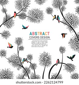 Flock of bird and tree abstract square template. Asian exotic pattern backdrop, background template with dove fowl birds. Elegance ornament, decorative web internet banner, social media presentation
