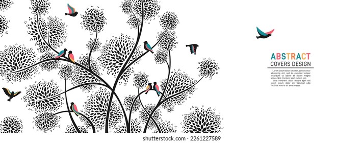 Flock of bird and tree branches design background. Asian exotic pattern backdrop horizontal template with dove fowl birds. Vintage elegance decorative banner, trendy invitation, voucher or certificate