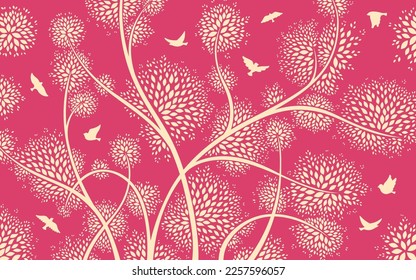 Flock of bird and tree branches silhouette pattern. Stylized shape flying birds wallpaper background. Decorative dove fowl sitting on tree twigs abstract decoration. Vintage monochrome drawing artwork