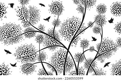 Flock of bird and tree branches silhouette pattern. Stylized shape flying birds wallpaper background. Decorative dove fowl tree twigs abstract decoration. Vintage monochrome nature drawing artwork