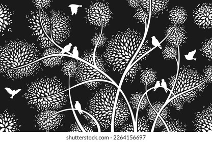 Flock of bird and tree branches silhouette pattern. Stylized shape flying birds wallpaper background. Decorative dove fowl sitting on tree twigs abstract decoration. Vintage monochrome drawing artwork