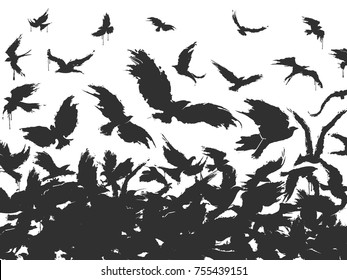 flock of birds in black on a white background