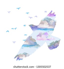 Flock of birds with clouds abstraction. Vector