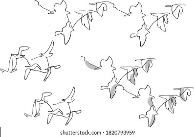 flock of birds drawing. continuous one line drawing.