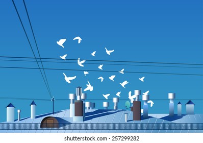 A flock of birds flies over the roof of the day vector.