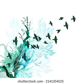 A flock of birds fly away. Abstract watercolor branch. , isolated on white background Vector illustration